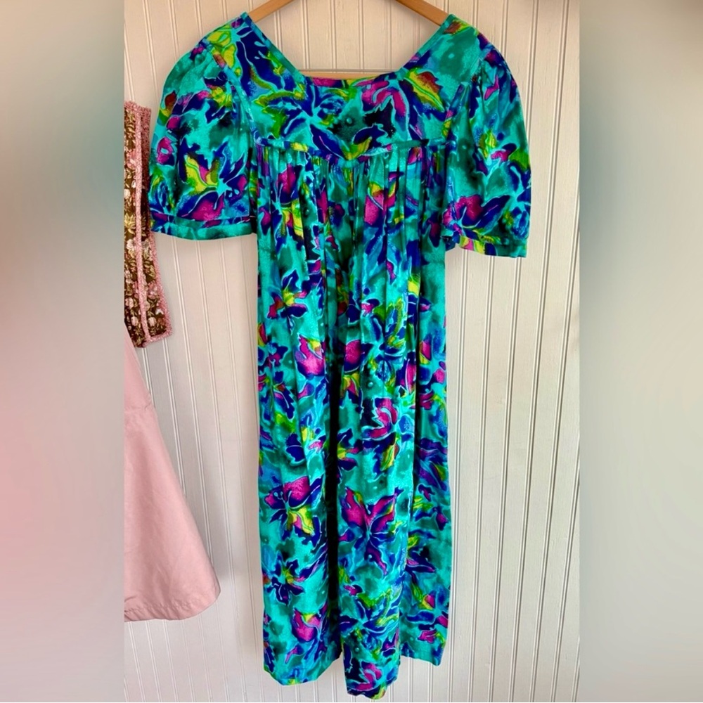 Vintage Floral Dress Size S 100% Cotton Watercolor Style Dress